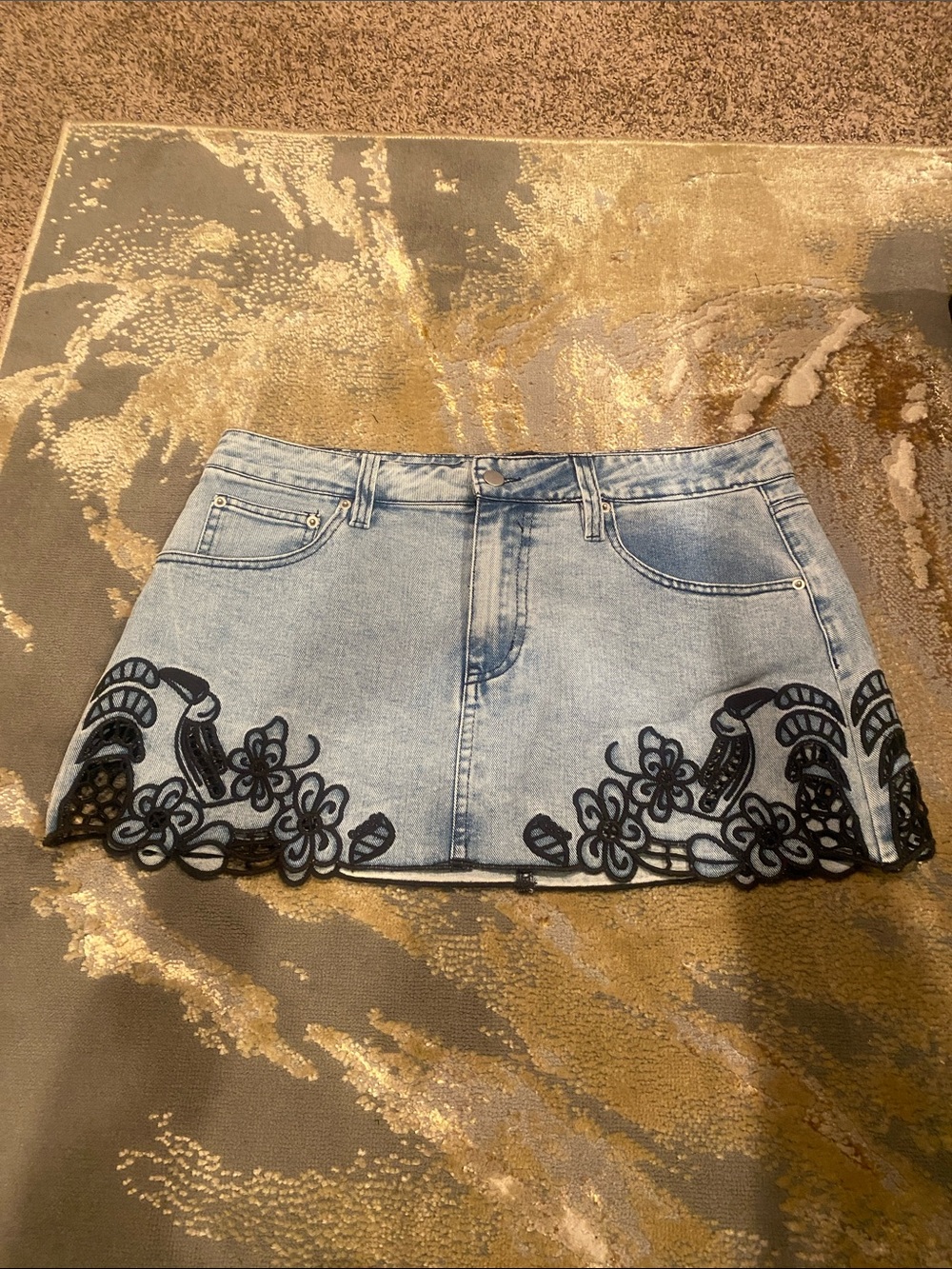 NWT Light Wash Denim Mini Skirt with Black Lace Trim